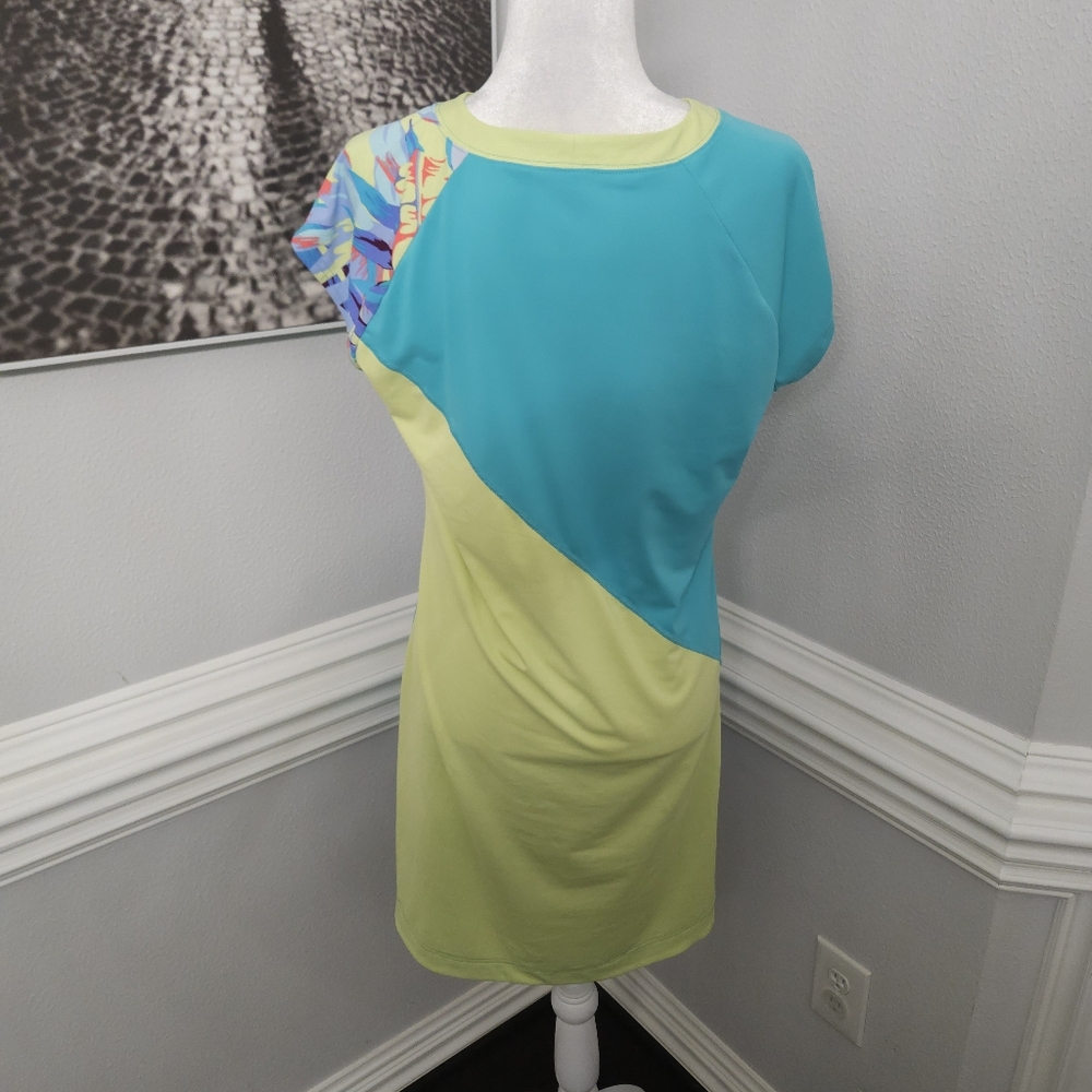 Title Nine Blue Green Colorblock Tropical Print Athletic Mini Dress Womens sz L - Picture 9 of 10